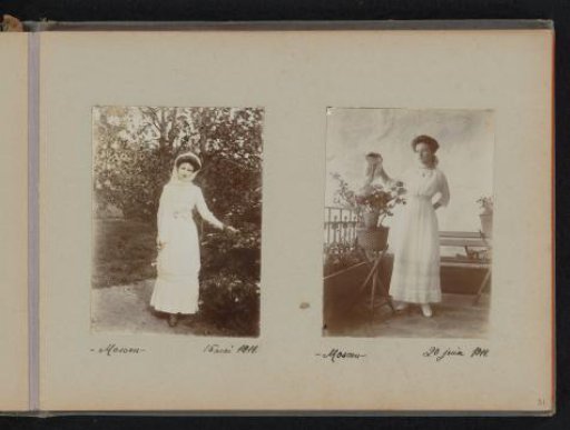 Portrait of a woman in a garden and portrait of a woman with a watering can by a plant