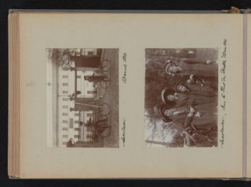 Cyclists in front of a building and group portrait with four young women in Sokolniki, Moscow