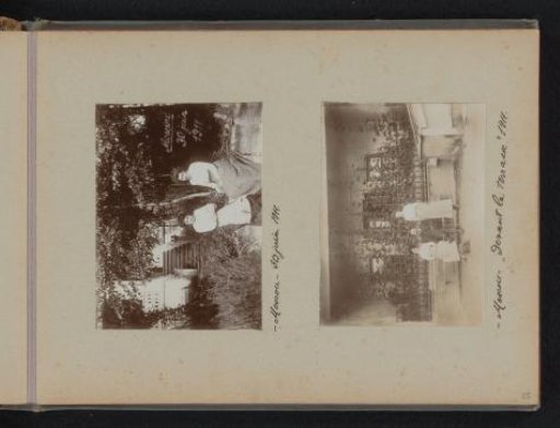 Two women in a ruin and two women, a man and a dog before a terrace