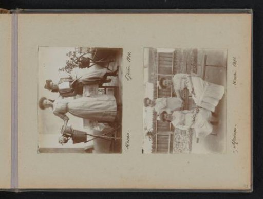 Portrait of a woman with a watering can and a woman with a book and portrait of three women outside on and by a bench