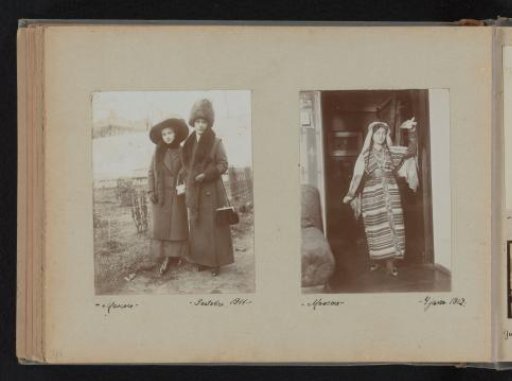 Portrait of two women in a garden and portrait of a woman in costume