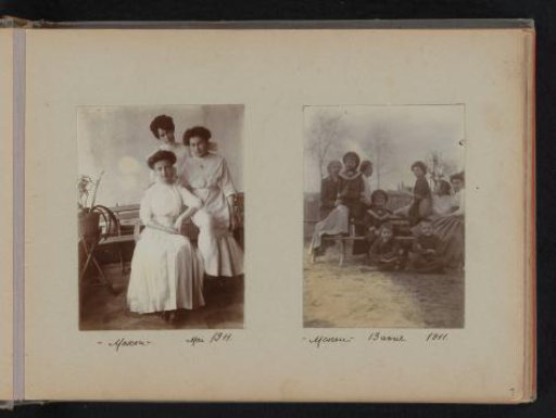 Portrait of three young women and portrait of a group of women and children