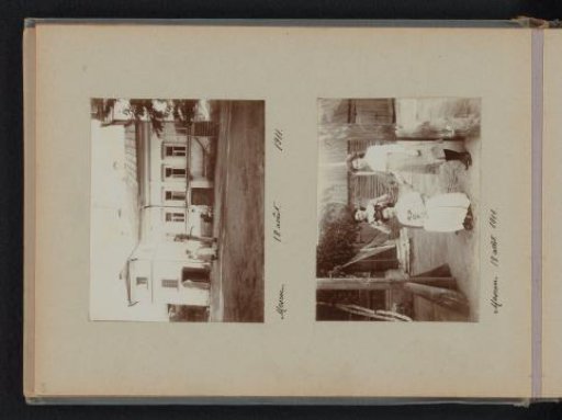 Three women and a dog in front of a house and by a swing