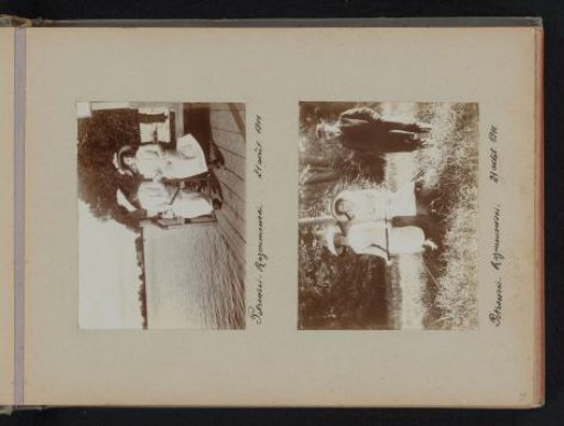 Two women on a bench by a lake and two women sitting in the woods beside a man