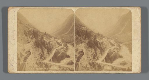 View of a valley with the Reuss River and the Gotthard Railway in Switzerland