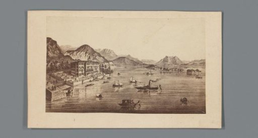 Photographic reproduction of a print of Lake Maggiore with advertisement for the Grand Hôtel Belle Vue in Baveno, Italy