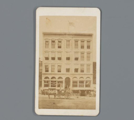 Advertisement for the wholesale and restaurant business of S.W. Gregory with view of his shop in Hartford, Connecticut