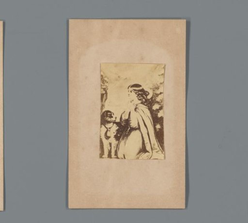 Photographic reproduction of a painting of a woman with a dog in a winter landscape as admission ticket for an exhibition by Honest Mac