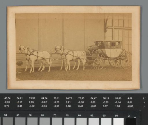 View of a carriage with horses with advertisement for Samuel R. Phillips Harness, Saddles & Trunks, Philadelphia