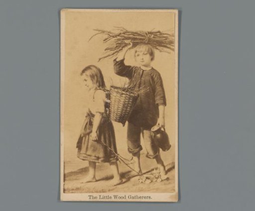 Photoreproduction of a print with two children gathering wood, advertisement for department store Beehive in Bridgeport, Connecticut