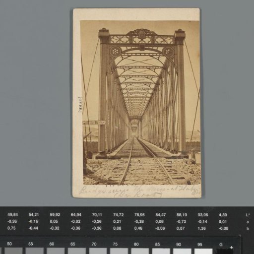 View of a bridge over the Mississippi River with advertisement for sewing machines, Iowa