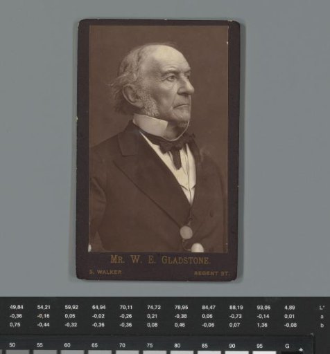 Portrait of William Ewart Gladstone with advertisement for tea by J. Rowlands from Llangollen, Wales