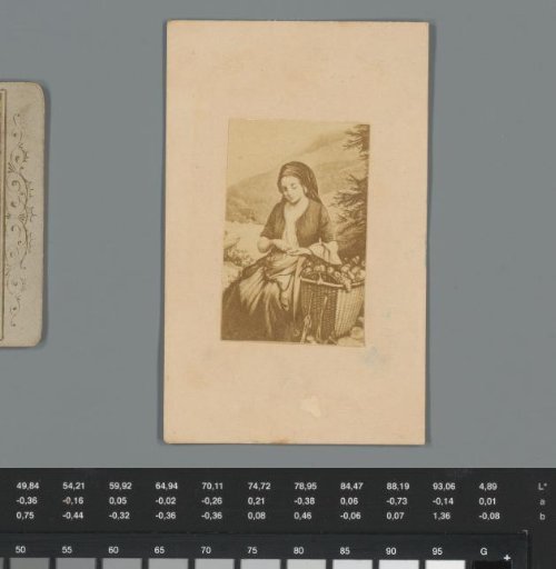 Advertisement for an exhibition of Honest Mac with photographic reproduction of a painting of a woman with a fruit basket