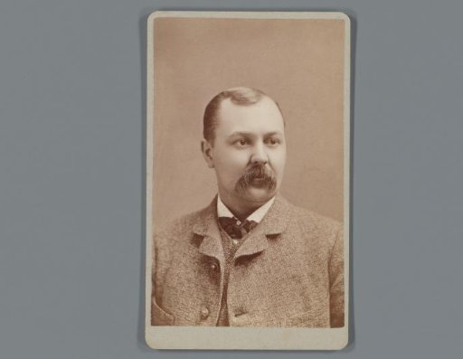 Portrait of F.D. Meigs, advertisement for his clothing store in Dexter, Maine