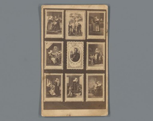 Photographic reproduction of nine paintings with a crucifix, Paul, and a nun doing household work