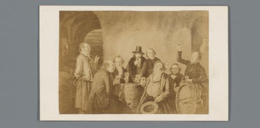 Photographic reproduction of a print with a group of men in a wine house and a photographic reproduction of a price list, advertisement for Imperial Wine Company