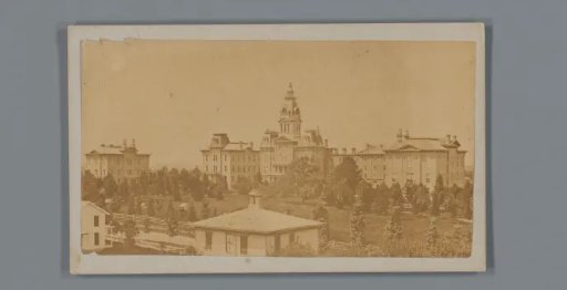 Advertisement featuring a view of Hillsdale College in Hillsdale, Michigan