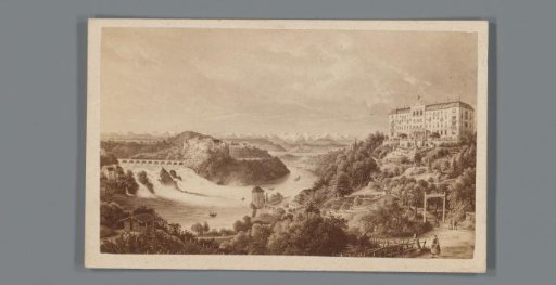 Photographic reproduction of a painting with Hôtel Schweizerhof with the Rheinfall to the left in Schaffhausen, Switzerland