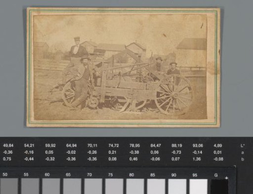 Advertisement for self-designed agricultural machine by Gilmore & Forrest with portrait of four unknown men with the machine