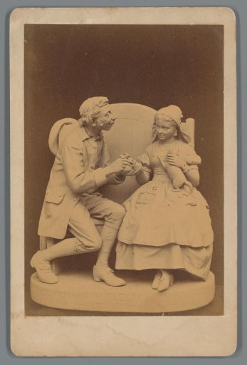 Photographic reproduction of a sculpture with Ichabod Crane offering a flower to Katrina Van Tassel by John Rogers
