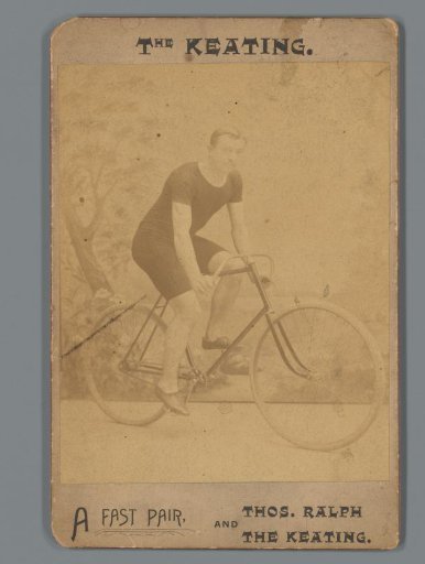 Man on a bicycle, advertisement for the bicycles of the Keating Wheel Co.
