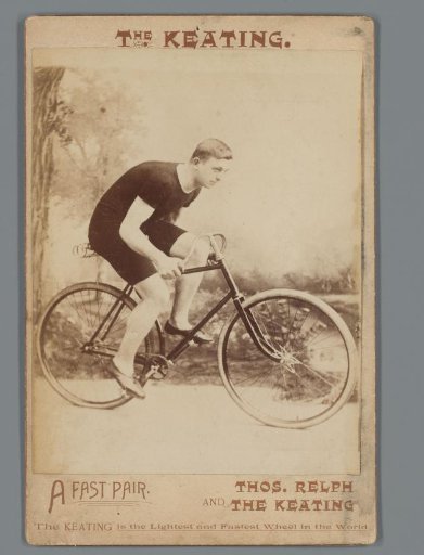Man on a bicycle, advertisement for the Keating Wheel Co. bicycles
