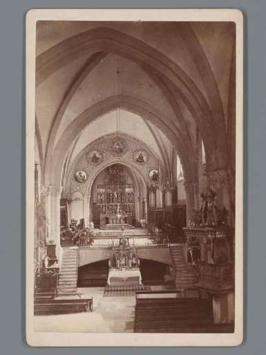 View of the interior of the Cathedral of Our Lady of the Assumption in Chur, advertisement for hotels in the canton of Graubünden