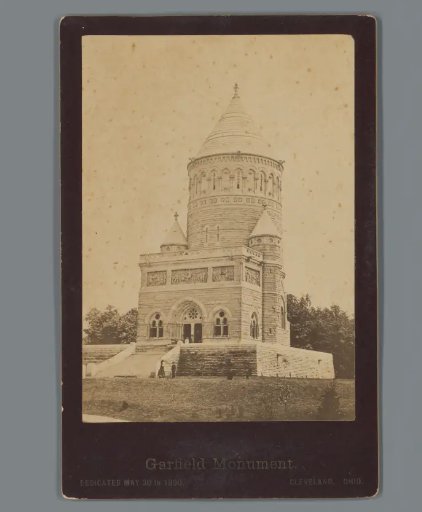View of the James A. Garfield Memorial in Cleveland, Ohio, advertisement for The Popular Bethel Dining Hall, owned by W.E. Pence