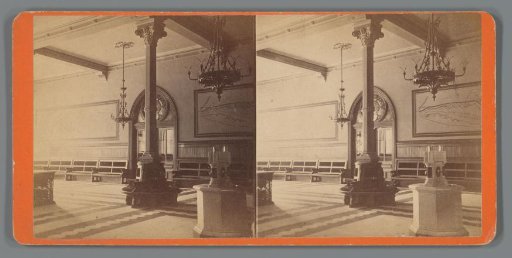 View of the ladies' waiting room of the new station on the Boston and Providence Railroad, advertisement for Morton & Chesley