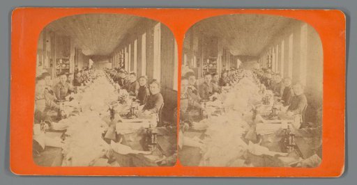 View of female workers sewing corsets in the factory of P.H. McGraw & Son in McGrawville, New York