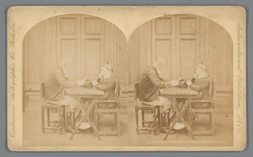 A male and female figure seated at a table dressed in Swedish clothing for the World's Fair in 1876, advertisement for various companies in Philadelphia