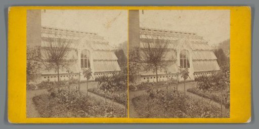 Advertisement for a greenhouse with a sloping roof and an extension for a door, designed by architect James Cranston in Birmingham