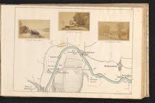 View of a landscape with the Thames and bridge at Henley-on-Thames, view of a landscape of Temple Island, and view of a landscape with the abbey of Medmenham