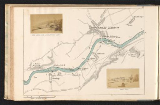 View of a landscape with the weir at Hurley and view of a river bend at Marlow