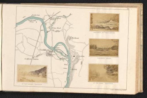 View of a river landscape with forest and house at Cliveden, view of Cliveden House, view of a landscape with a spring at Cliveden, and view of a landscape with a ferry at Cliveden
