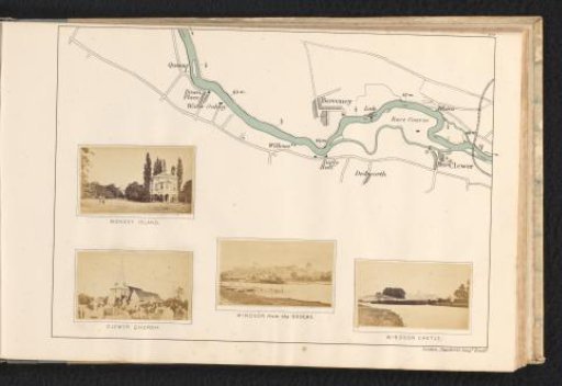 View of the estate on Monkey Island, view of the church and churchyard of Clewer, view of Windsor from the park The Brocas and view of a river landscape with Windsor Castle