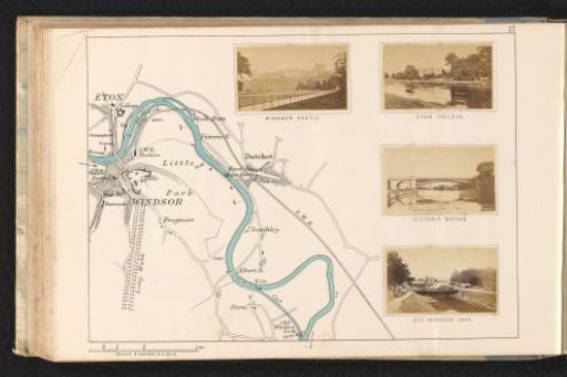 Windsor Castle, view of a river landscape with Eton College, Victoria Bridge at Windsor and the embankment of Old Windsor