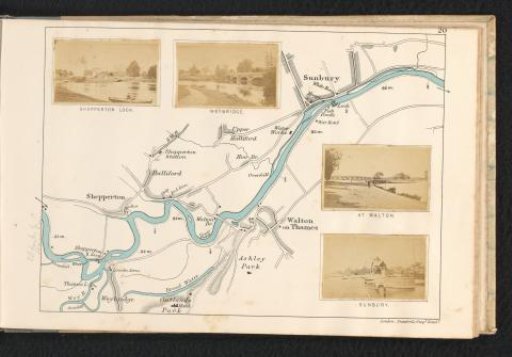 View of a river landscape with Shepperton Lock, view of a landscape with Weybridge Bridge, view of a landscape with Walton-on-Thames Bridge and view of a river landscape with a house in Sunbury-on-Thames