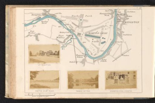 View of a river landscape at Hampton, view of a river landscape with Hampton Court Palace, view of a river landscape at Thames Ditton and the coronation stone at Kingston-upon-Thames