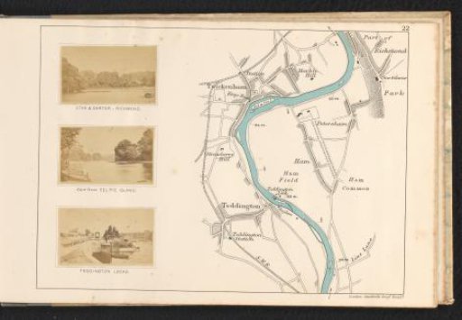 View of a river landscape with the Royal Star & Garter Hotel in Richmond upon Thames, view of a river landscape from Eel Pie Island and Teddington Lock