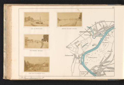 View of a river landscape at Mortlake, Richmond Railway Bridge, Richmond Bridge and view of a landscape from the hill of Richmond upon Thames