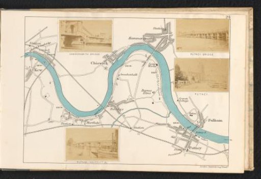 Hammersmith Bridge, Putney Bridge under construction, view of Putney with church and view of the Putney aqueduct