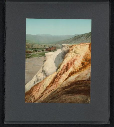 View of a former hotel seen from Jupiter Terrace in Yellowstone National Park