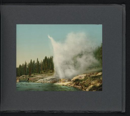 View of an erupting Riverside Geyser in Yellowstone National Park