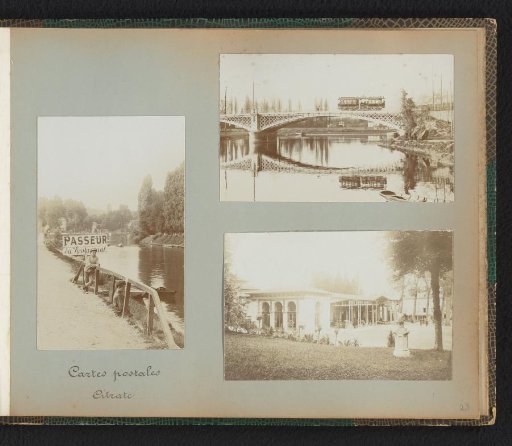 Two Boys Standing Along a River with an Advertisement Board, View of a Bridge with a Tram, and a View of a Building with a Terrace on a Square and a Statue