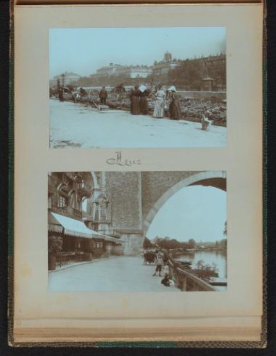 People picking flowers along the quay of a river, possibly the Seine in Paris, and a view of a quay with a bridge, restaurants and a wooden mill