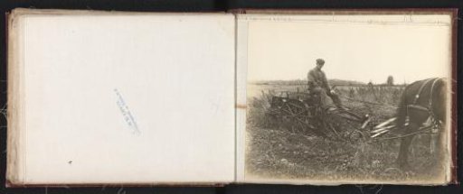 Farmer and horse with an agricultural implement of the Eureka Mower Co. in Utica