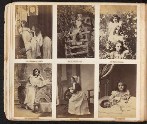 Six photographs of young women and children in various settings