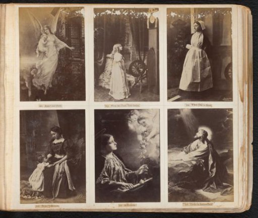 Three photographic reproductions of paintings with an angel with child, Saint Cecilia and Christ, and three photographs with young women and children in various settings