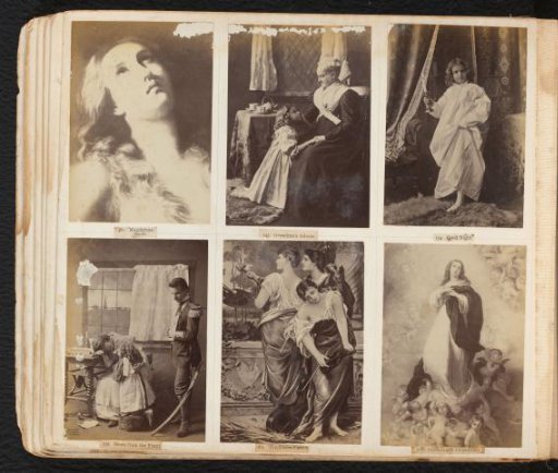 Three photographic reproductions of paintings with Mary Magdalene, three sisters and the Immaculate Conception of Mary, and three photographs with a girl and an older woman, a child in nightclothes, and a woman and soldier